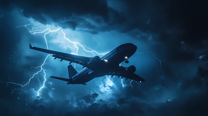 Obraz premium A flying passenger plane is struck by lightning at night during a thunderstorm. Tropical Storm. Illustration