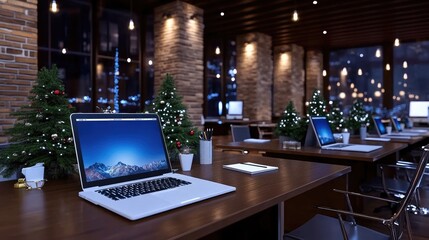 A festive modern office with Christmas decorations and a laptop, showcasing a vibrant workspace during the holiday season