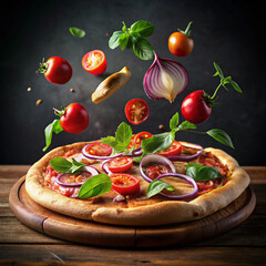 This appetizing pizza image shows fresh ingredients like tomatoes, basil, and onions flying above...