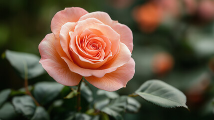 Beautiful roses blossom with bright petals and dark green leaves