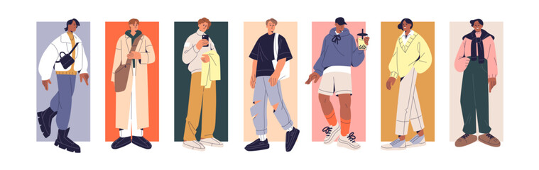 Diverse stylish men set. Happy people wearing season vogue outfits. Modern guys in trendy clothes with accessories, bags. Male street fashion. Flat isolated vector illustrations on white background