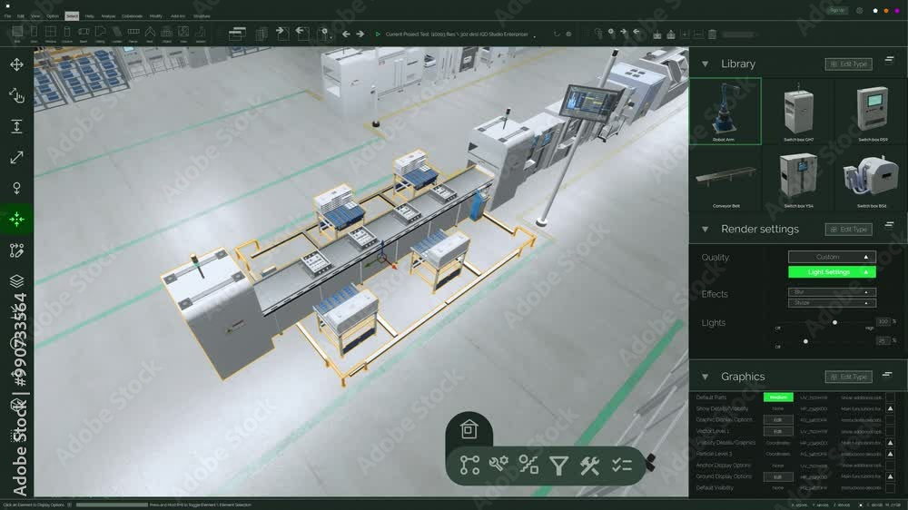 Aufkleber Screen Replacement Software Mockup: High-tech Manufacturing: 3D CAD Animation of Automated Production Line With Robotic Arms and Conveyor Belts. Assembly Process Modern Industrial Facility