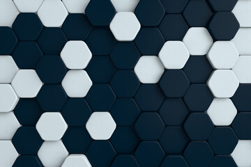 A contemporary 3D abstract background featuring a mosaic of hexagonal tiles in shades of navy and white