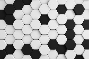  A dynamic, abstract background displaying a grid of black and white hexagons in a 3D illustration. This geometric pattern is perfect for a sophisticated and modern wall decoration