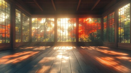 atmospheric dojo interior traditional japanese martial arts studio bathed in hazy light wooden floors paper screens and subtle shadows create sense of discipline and tranquility