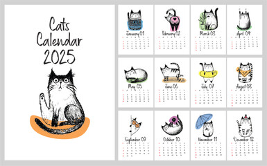 2025 Annual Calendar animals. Set of 12 month illustration. Hand Drawn Sketch of funny cats isolated on white background. 