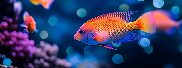 Fototapeta premium A group of colorful tropical fish swimming in the water, with vibrant colors and beautiful coral reefs around them