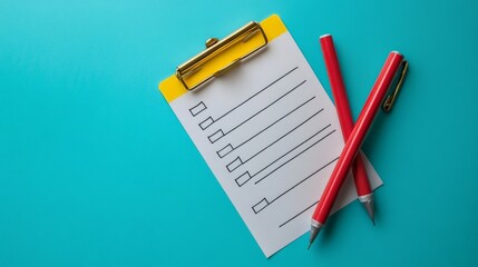 a checklist and a pencil isolated with cyan background