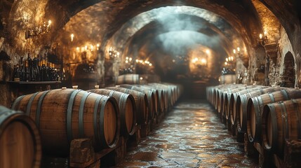 atmospheric wine cellar with rows of oak barrels soft warm lighting highlighting wood grain misty ambiance stone walls with patina of age