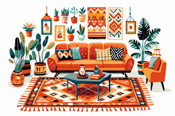 Vibrant Bohemian Living Room Decor with Lush Plants and Patterns