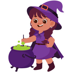 Happy Girl Witch Mixes Witch Potion Illustration
