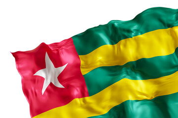 Realistic flag of Togo with folds, on transparent background. Footer, corner design element. Cut out. Perfect for patriotic themes or national event promotions. 3D render