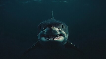 A great white shark swims towards the camera in dark blue water.