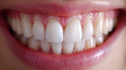 White smile. A close-up view of a row of teeth. The gums are a healthy pink, suggesting good oral hygiene.