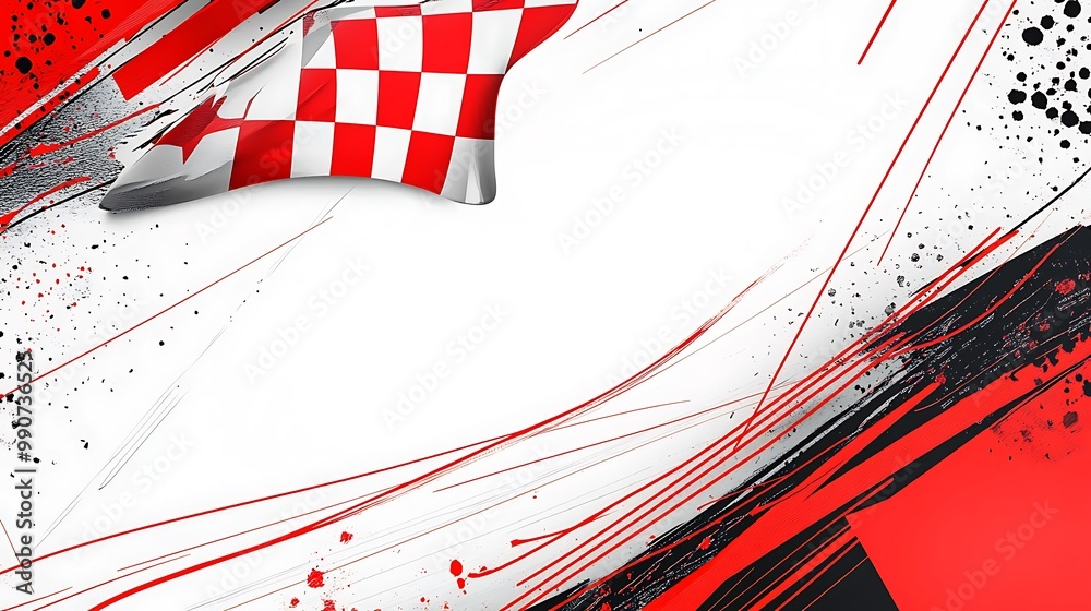 Poster checkered flag with red and black lines and white background.