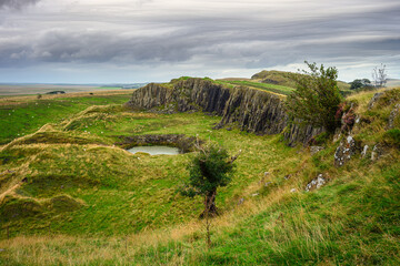 Crags at Walltown below Hadrian's Wall, a World Heritage Site in the beautiful Northumberland National Park. Popular with walkers along the Hadrian's Wall Path and Pennine Way