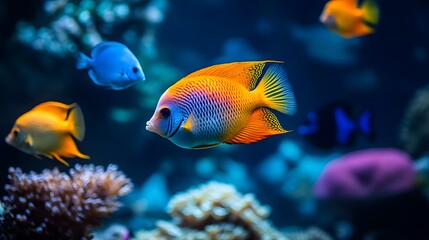 Fototapeta premium A group of colorful tropical fish swimming in the water, with vibrant colors and beautiful coral reefs around them