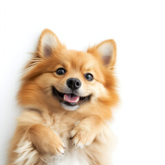 funny pomeranian dog isolated on white laying on its back with smiling face expression
