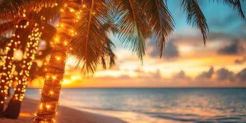 Palm Tree Trunk Adorned with String Lights at Sunset on a Beach