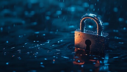 A close-up of a metal padlock submerged in water with raindrops falling on it.