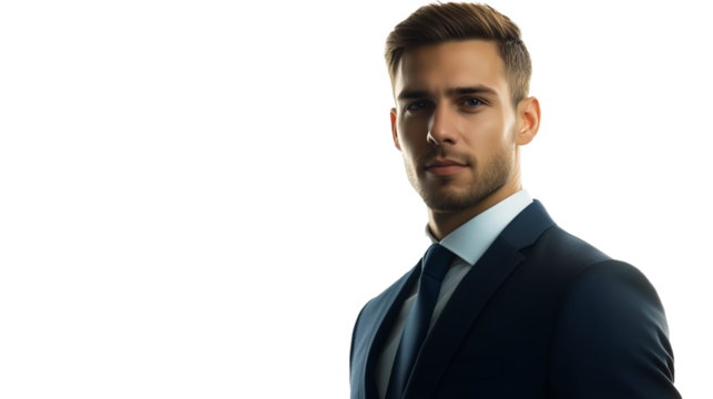 Elegancko ubrany mężczyzna, z profesjonalnym i zdecydowanym wyrazem twarzy, na przezroczystym tle.