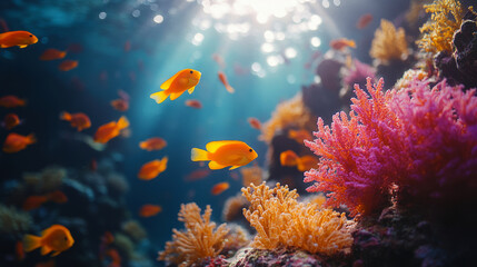 A vibrant underwater scene featuring colorful fish swimming among lush coral, illuminated by beams of sunlight filtering through the water.
