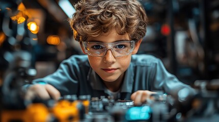 A waist-up shot of a joyful schoolboy working on a robotic project in a studio, his eyes full of excitement and creativity.
