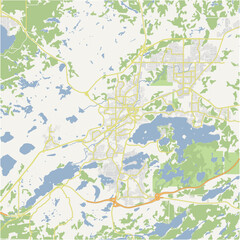 Map of Sudbury in Canada in a normal road map style. Contains layered vector with roads water, parks, etc.