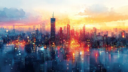 Fototapeta premium A watercolor cityscape emphasizing future technology in a cyber style, showcasing a bustling urban environment in a whimsical format.