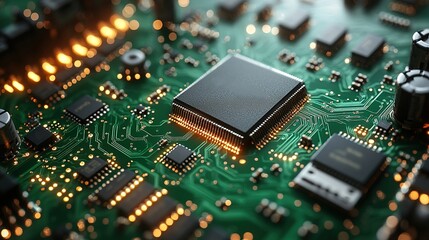 A web banner featuring a close-up of a green circuit board with microchip details, emphasizing computer technology.