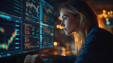 A woman uses data analytics software for stock market research at night, featuring graphs, charts, and digital overlays.