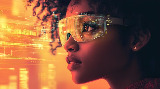 Digital illustration of a young Black student using AR glasses to visualize AI-generated alerts, data leaks, and cybersecurity vulnerabilities in a tech-focused setting
