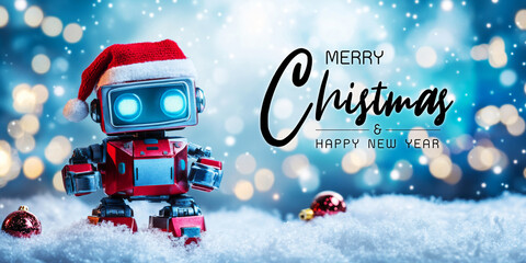 A festive robot in a Santa hat stands in snow, surrounded by ornaments, conveying a cheerful Christmas spirit with a sparkling background.