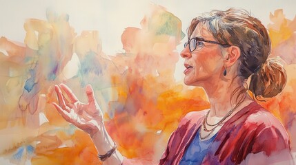 Woman Speaking at Community Meeting in Watercolor Style