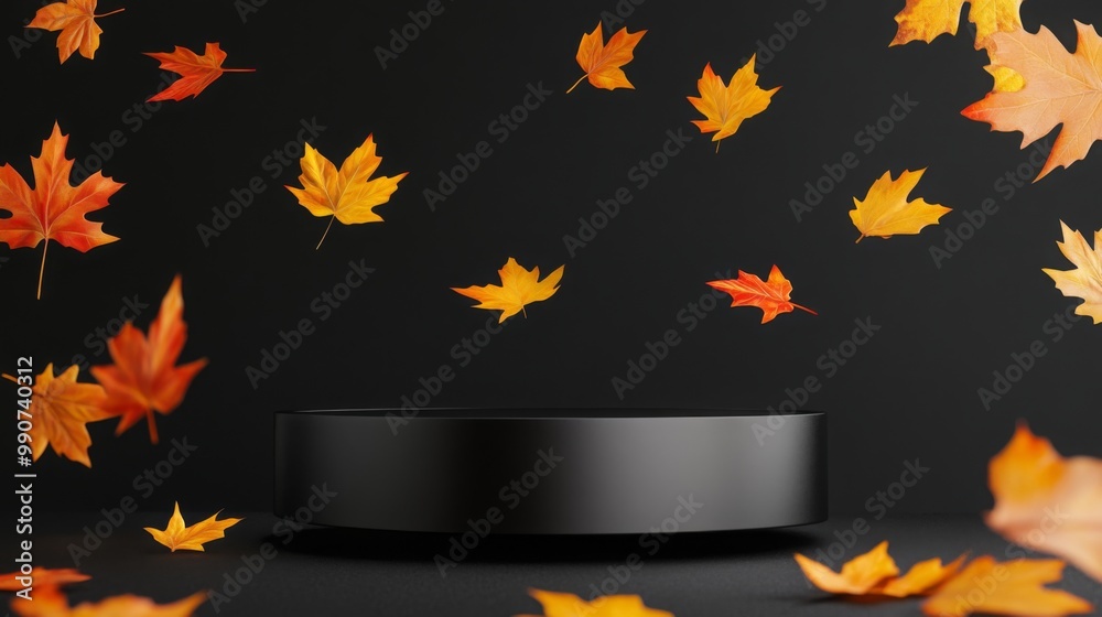 Leinwandbilder Vibrant autumn leaves in shades of orange and yellow float gently in the air, creating a lively contrast against a dark background where a circular platform rests, awaiting an object or display.