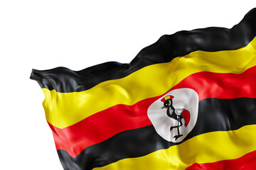 Realistic flag of Uganda with folds, on transparent background. Footer, corner design element. Cut out. Perfect for patriotic themes or national event promotions. 3D render.