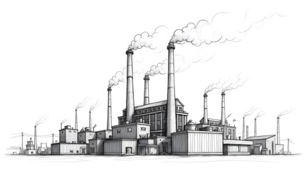 Pencil Drawing of Industrial Factory with Smoke Stacks