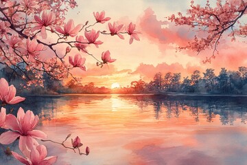 Watercolor painting of a sunset casting golden hues over a tranquil lake surrounded by blossoming magnolia trees.


