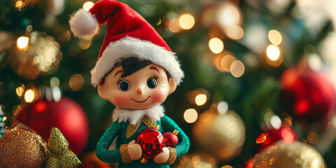 A cheerful elf doll in a festive holiday setting, surrounded by colorful ornaments and twinkling lights.