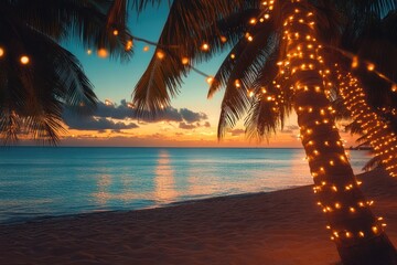 Palm Tree Adorned with String Lights at Sunset on a Beach