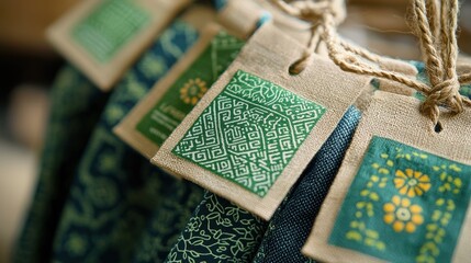 A bunch of green tags with a flower design on them