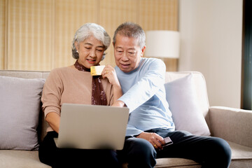 Elderly couple using credit card payment on laptop.