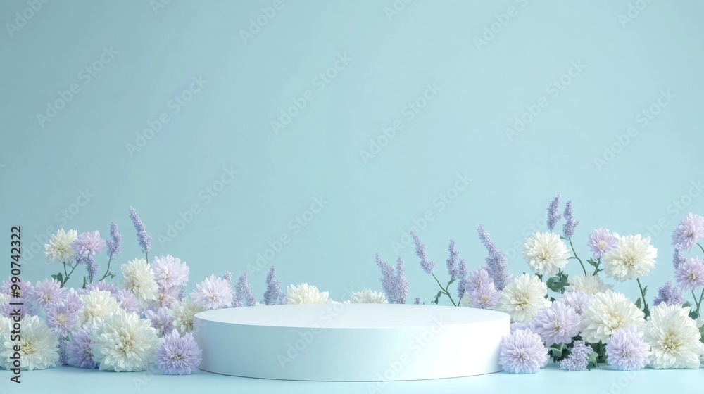 Poster a round white platform sits in front of a pale blue background. white and lavender flowers, arranged