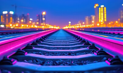 Fototapeta premium A vibrant perspective of railway tracks illuminated by colorful lights against a city skyline at dusk.