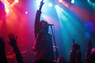 Silhouette photo of a singer shouting with a mic on a concert stage with great enthusiasm and passion, the stage is full of lights and a little dark, making the concert atmosphere even more exciting.