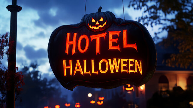A Halloween-themed hotel sign featuring a glowing pumpkin, adorned with the words "Hotel Halloween" in an eerie outdoor setting.