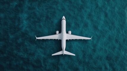 Aerial view of a white airplane over serene blue ocean water, isolated background.