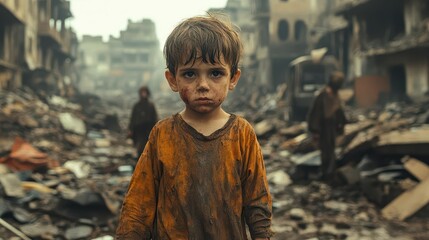 child in wartorn city poignant portrait of a somber child amidst rubble and destroyed buildings symbolizing the impact of conflict on innocence