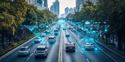 Cars driving on a city street with a futuristic digital network overlay.