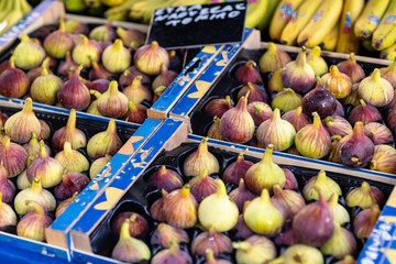 A stunning variety of fresh figs in vibrant hues fills wooden crates at a lively market stall, complemented by ripe bananas hanging overhead, inviting visitors to explore nature’s harvest.